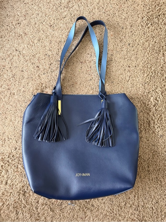 Joy & Iman Handbags - Joy & Iman Navy Leather Tote with Fringe Tassels